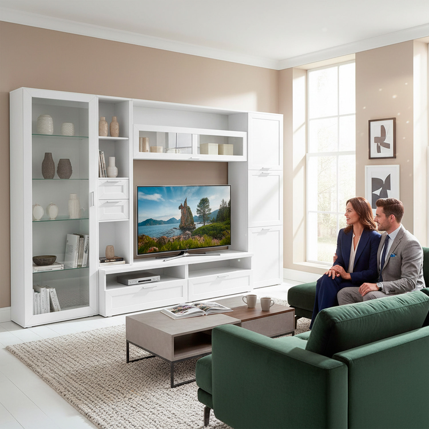 Parete Attrezzata Soggiorno Con Vetrina 6 Ante Battenti E 3 Ribalte Ampio Mobile Porta TV Con Ripiani Design Moderno Living 300 x 50 x 215 Cm Bianco