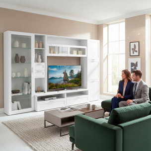 Parete Attrezzata Soggiorno Con Vetrina 6 Ante Battenti E 3 Ribalte Ampio Mobile Porta TV Con Ripiani Design Moderno Living 300 x 50 x 215 Cm Bianco