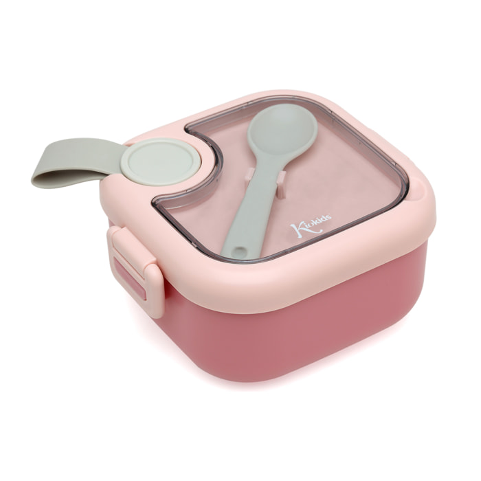 CAJA ALMUERZO ROSA CON CUCHARA GRIS