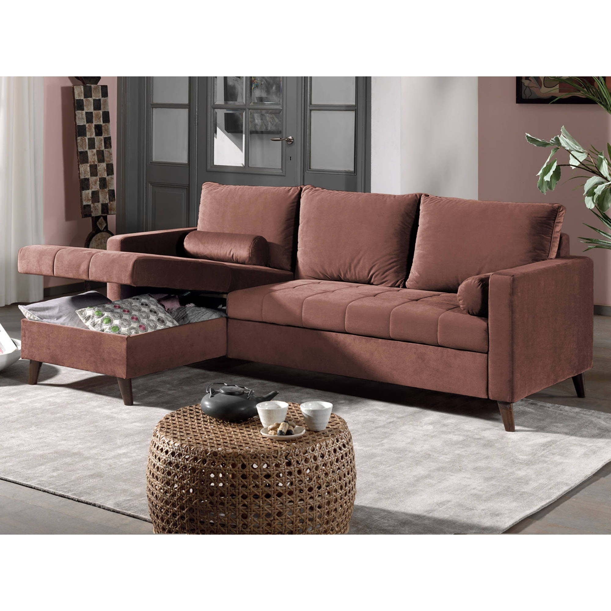 POLAR - Canapé d'angle réversible convertible - en velours au design scandinave - 4 places - Rose