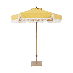 Parasol HOSSEGOR droit à franges 2m. ocre. acier. mât effet bois. UPF 30+. D 200 x H 225 cm