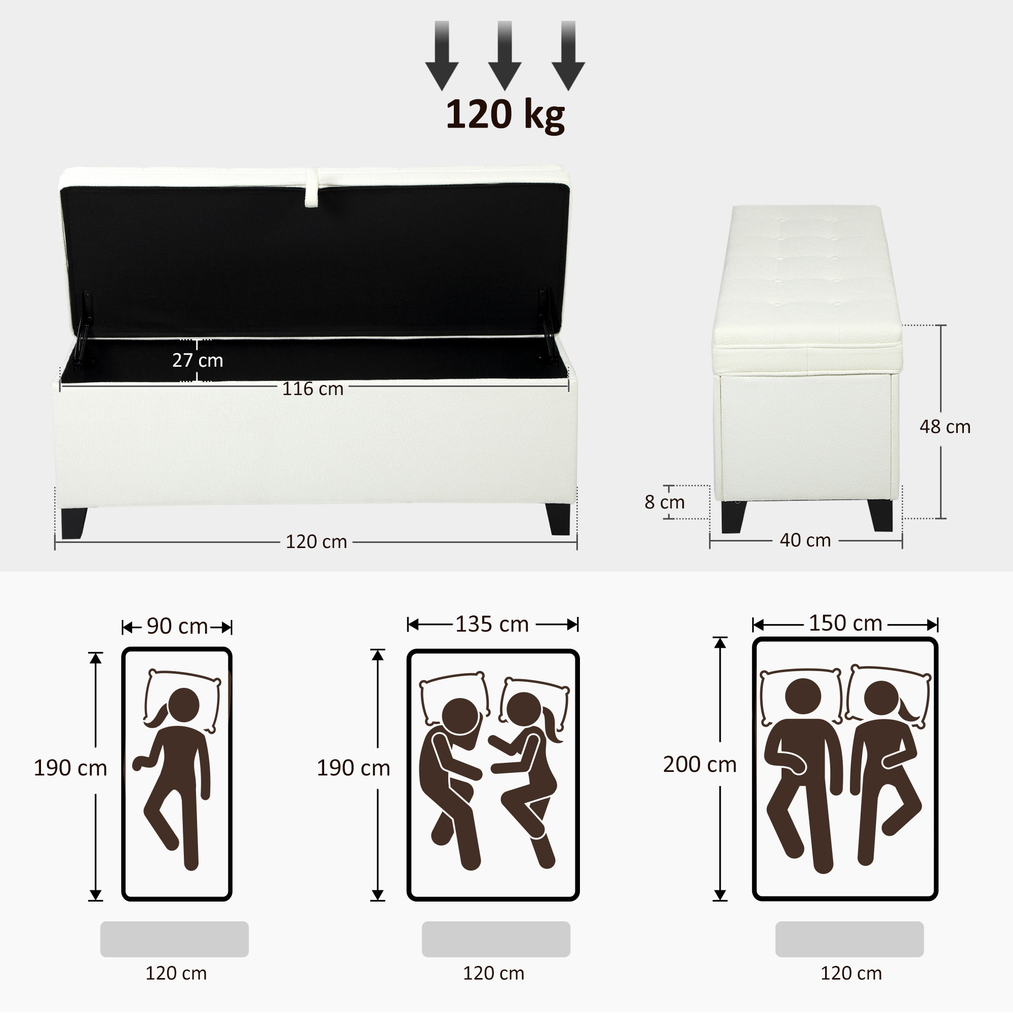 Puff Almacenaje Banco Almacenaje 112L Tapizado en Lino con 2 Bisagras de Seguridad Tapa Abatible y Asiento con Capitoné para Dormitorio Salón Entrada Carga 120 kg 120x40x48 cm Crema