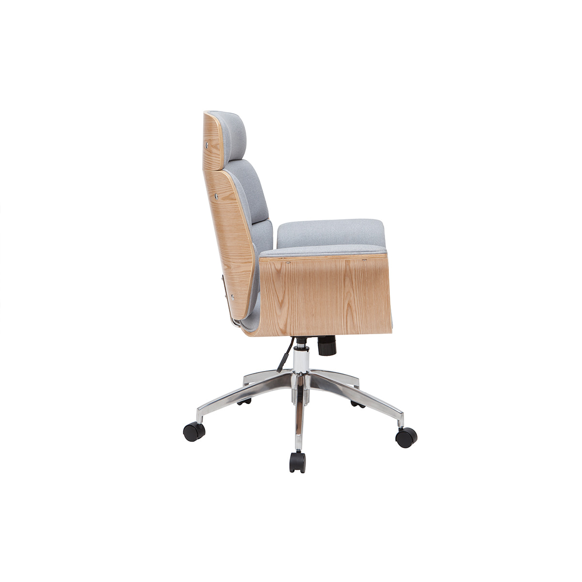 Fauteuil de bureau à roulettes design en tissu gris clair, bois clair et acier chromé ELON