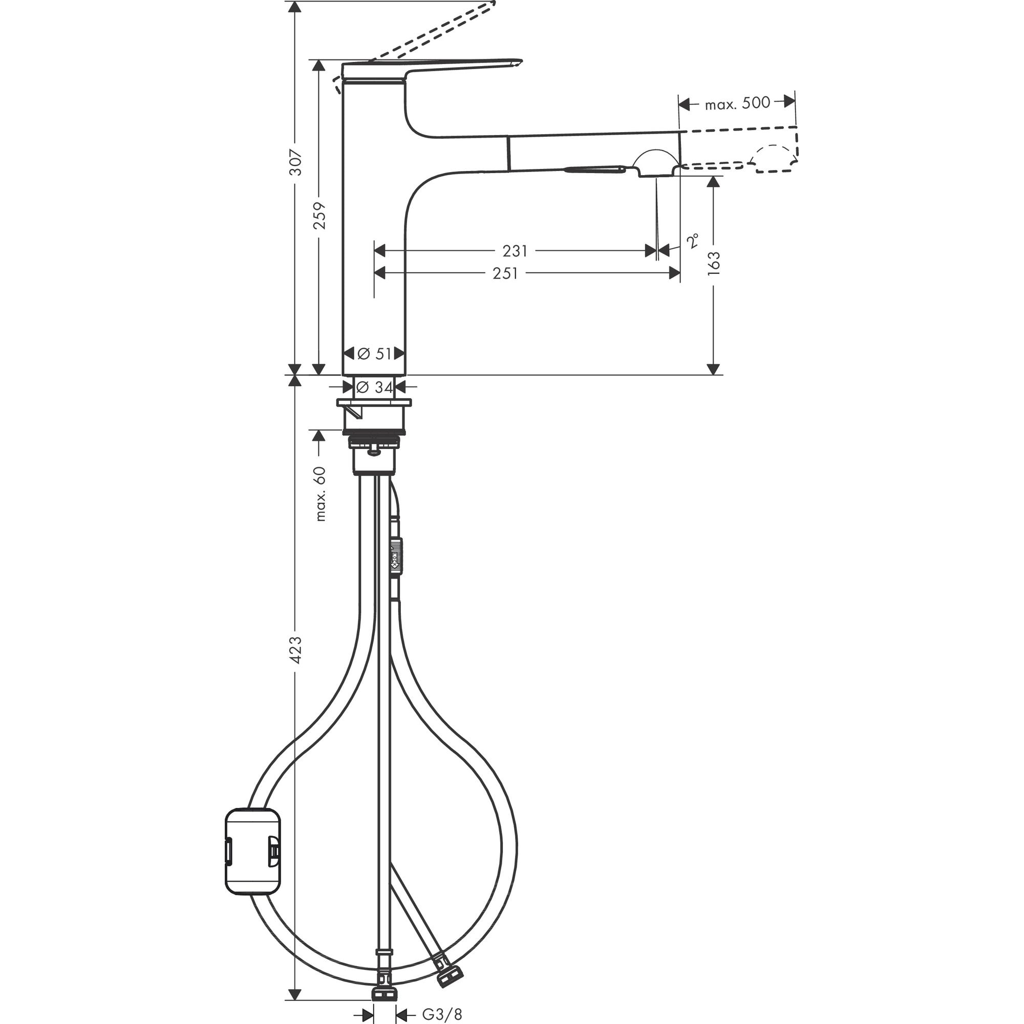 Zesis M33 Mitigeur de cuisine 160 avec douchette extractible 2 jets chromé 74801000