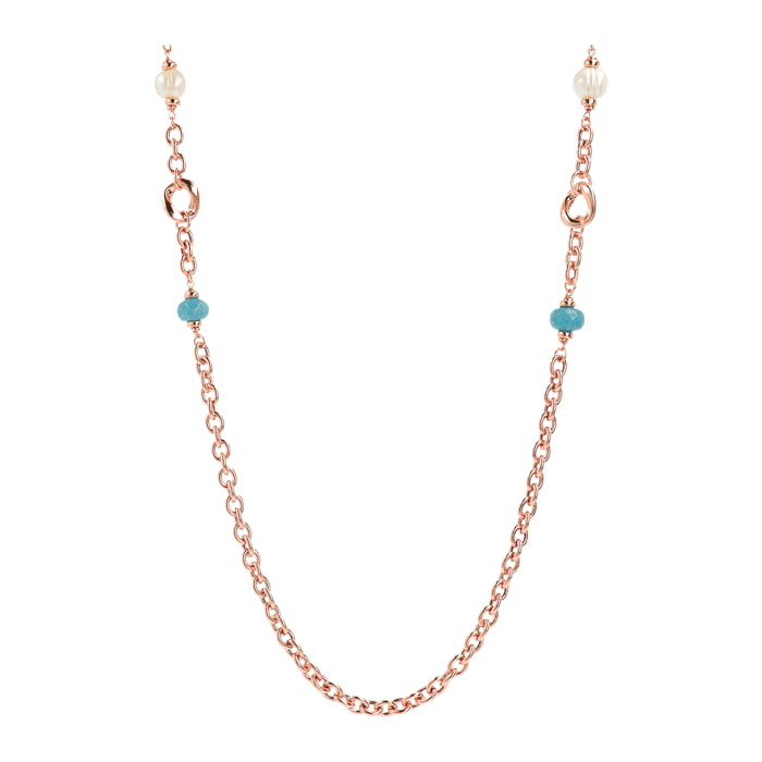 Collana Lunga Catena Rolo con Pietre Naturali Quarziti Blu e Perle d'Acqua Dolce Bianche Ø 10/11 mm