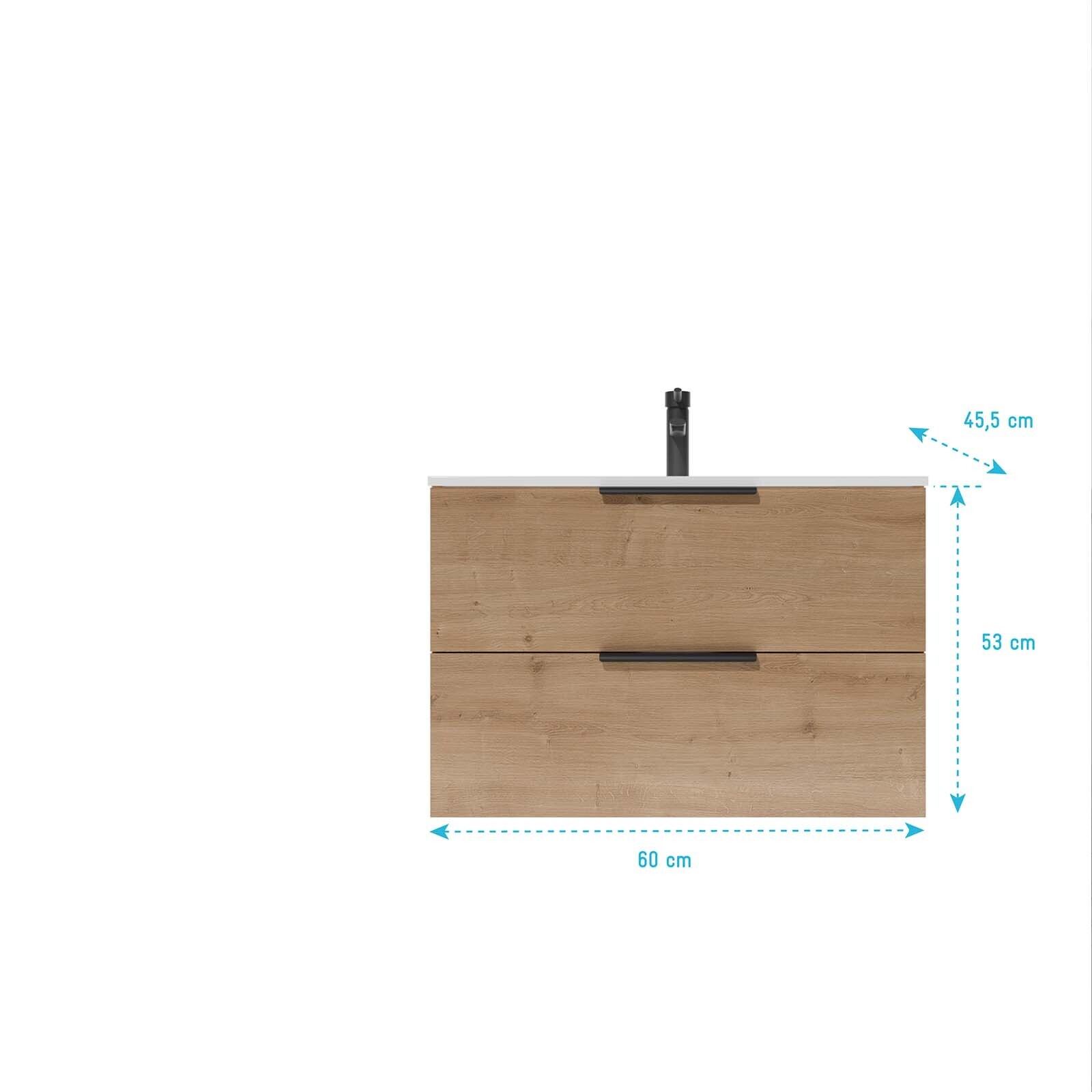 Meuble de Salle de Bains 60cm Suspendu Decor Bois Clair 2 Tiroirs - Vasque Blanche - ELEMENTARY