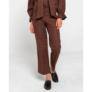 Pantalón recto marrón de cuadros con bragueta y botón