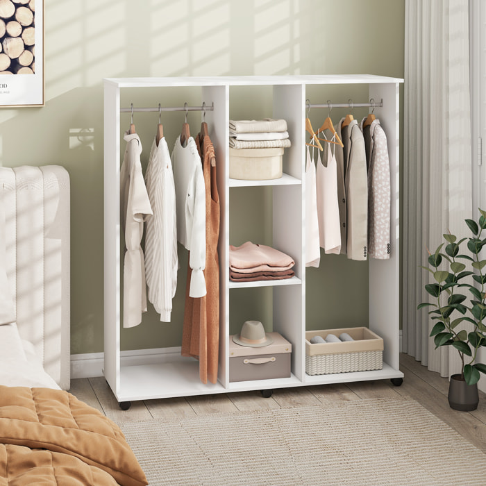 Armoire penderie Meuble de Rangement Mobile 6 roulettes 120L x 40l x 128H cm en bois Blanc