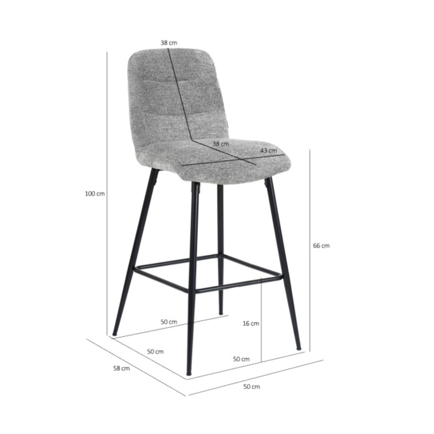 Tabouret de bar rembourré en tissu avec pied métal noir - LILA