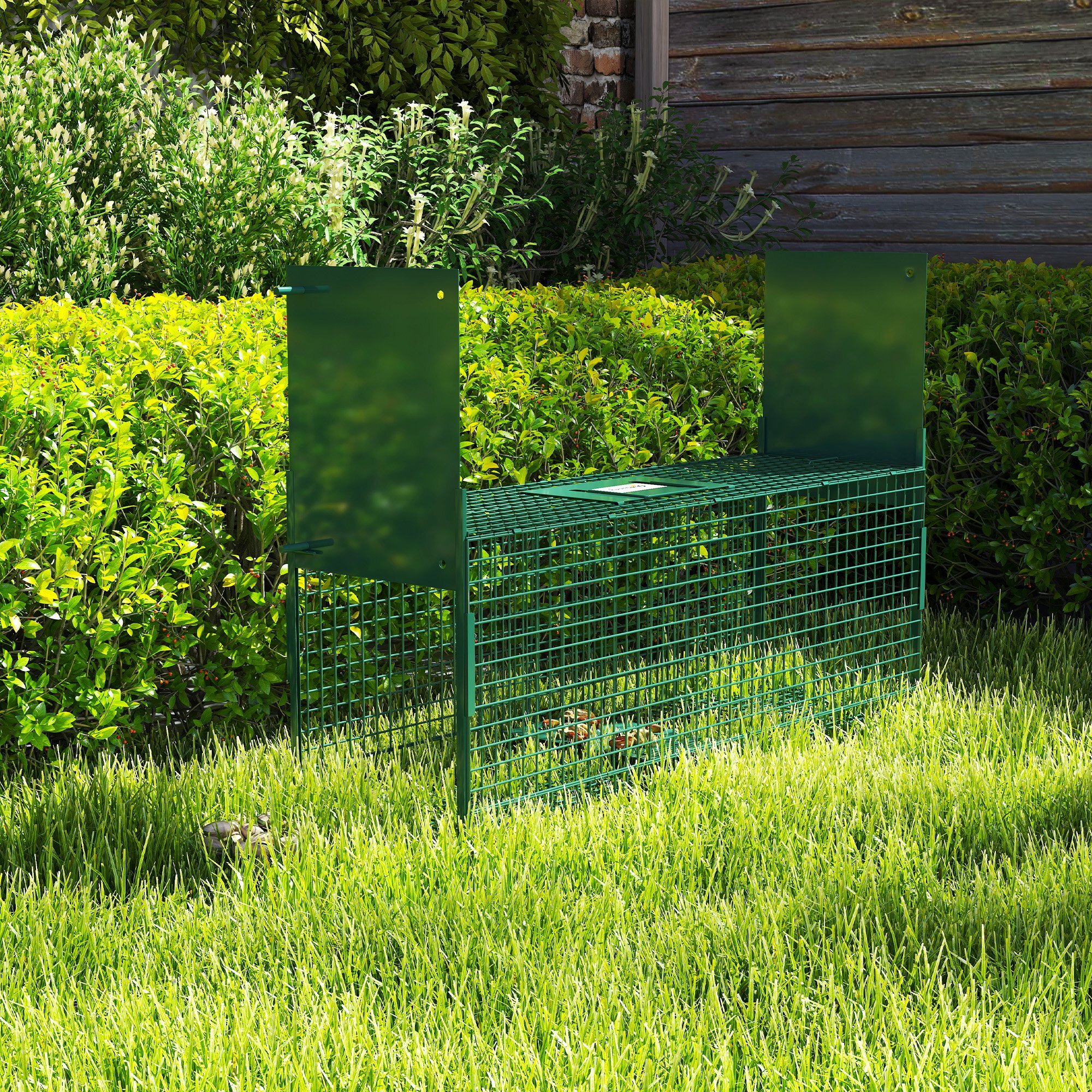 Piège de capture pour petits animaux type lapin rat - 2 entrées + poignée - dim. 60L x 18l x 20H cm - métal vert