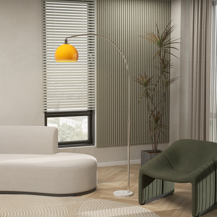 Lampadaire arc design néo-rétro H.180 cm piètement marbre blanc abat-jour plastique effet transparence orange