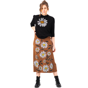 Mamatayoe Panorama. Falda con Vuelo de Mujer en Color Tostado con Estampado de Flores para Otoño Invierno. Falda Midi de Punto Roma y Cinturilla Elástica de Estilo Casual.