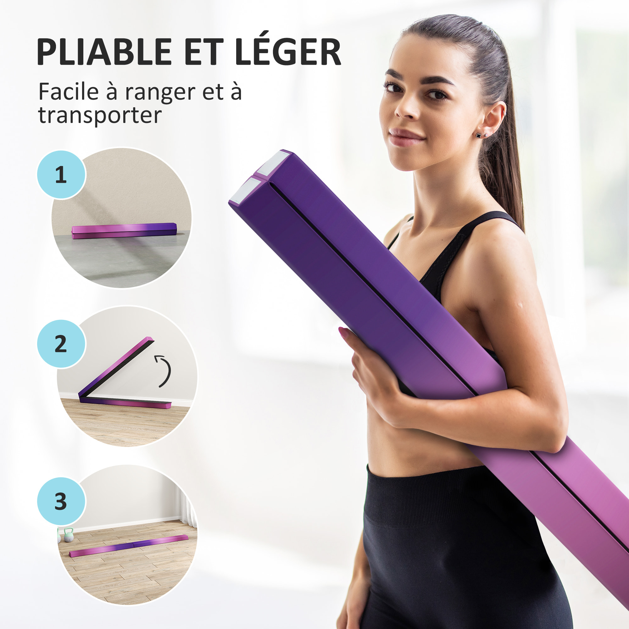 Poutre de gymnastique pliable 236cm fond antidérapant poignée transport violet rose