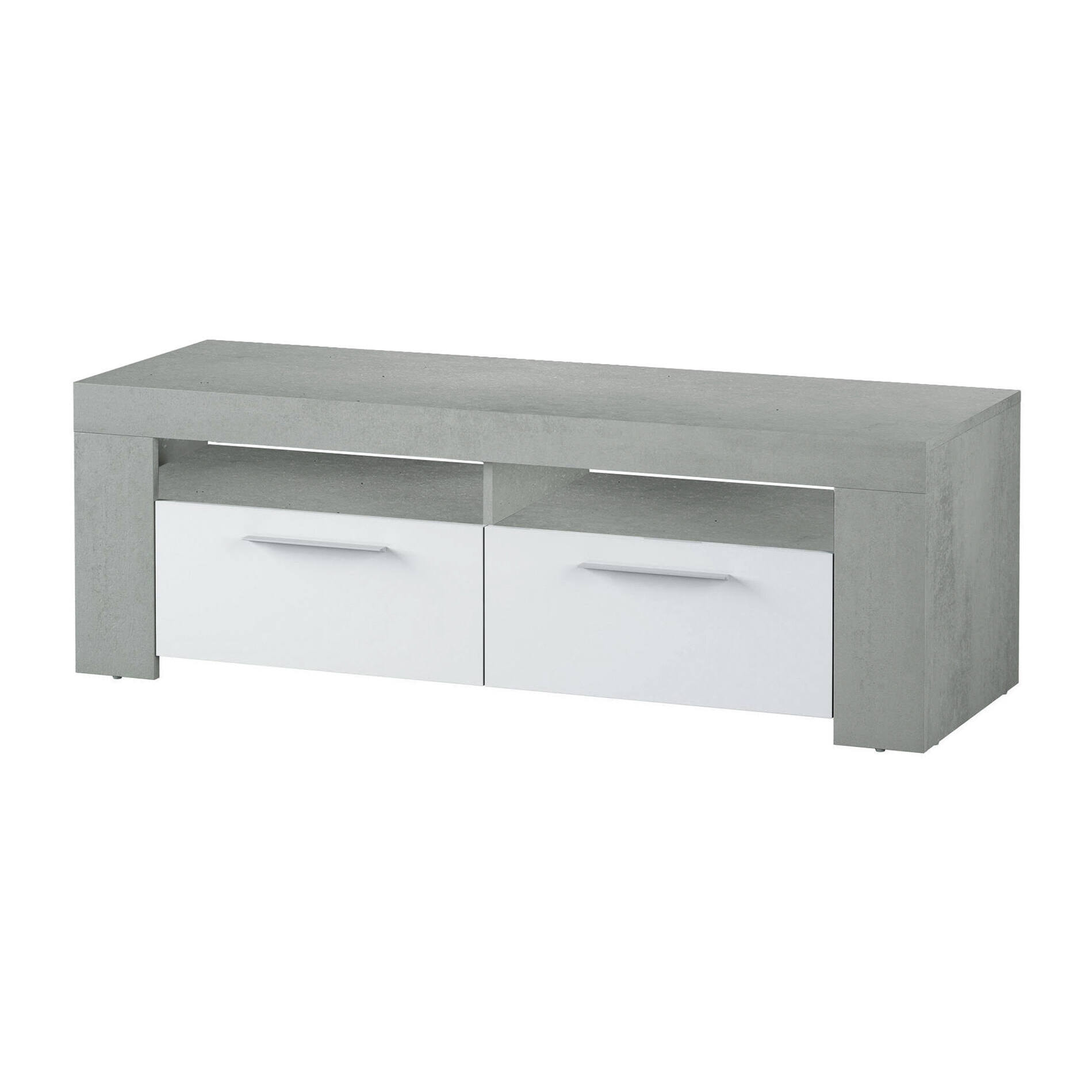 Mobile porta TV Stamford, Credenza per televisione da soggiorno, Supporto TV a 2 ante, Credenza bassa da salotto, cm 120x42h40, Bianco e Cemento