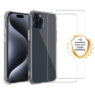 Coque iPhone 15 Pro Max Antichoc Silicone bords renforcés + 2 Vitres en verre trempé Protection écran