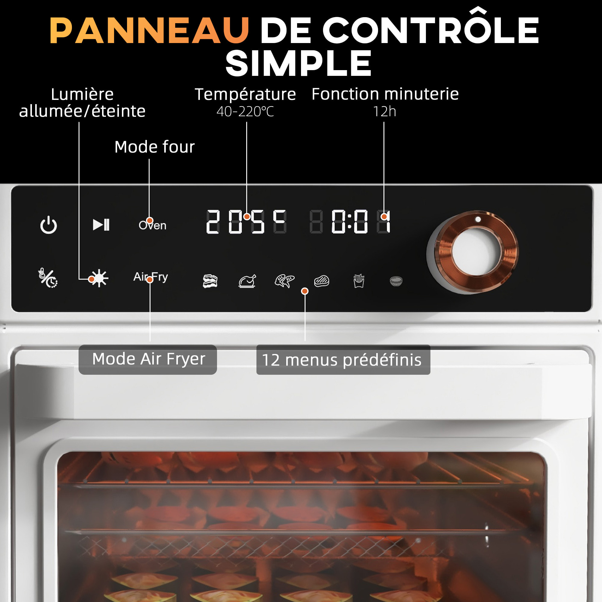 Mini four friteuse à air 2 en 1 - air fryer 1200W 13L - multifonction 12 programmes, timer - accessoires - température réglable - blanc noir
