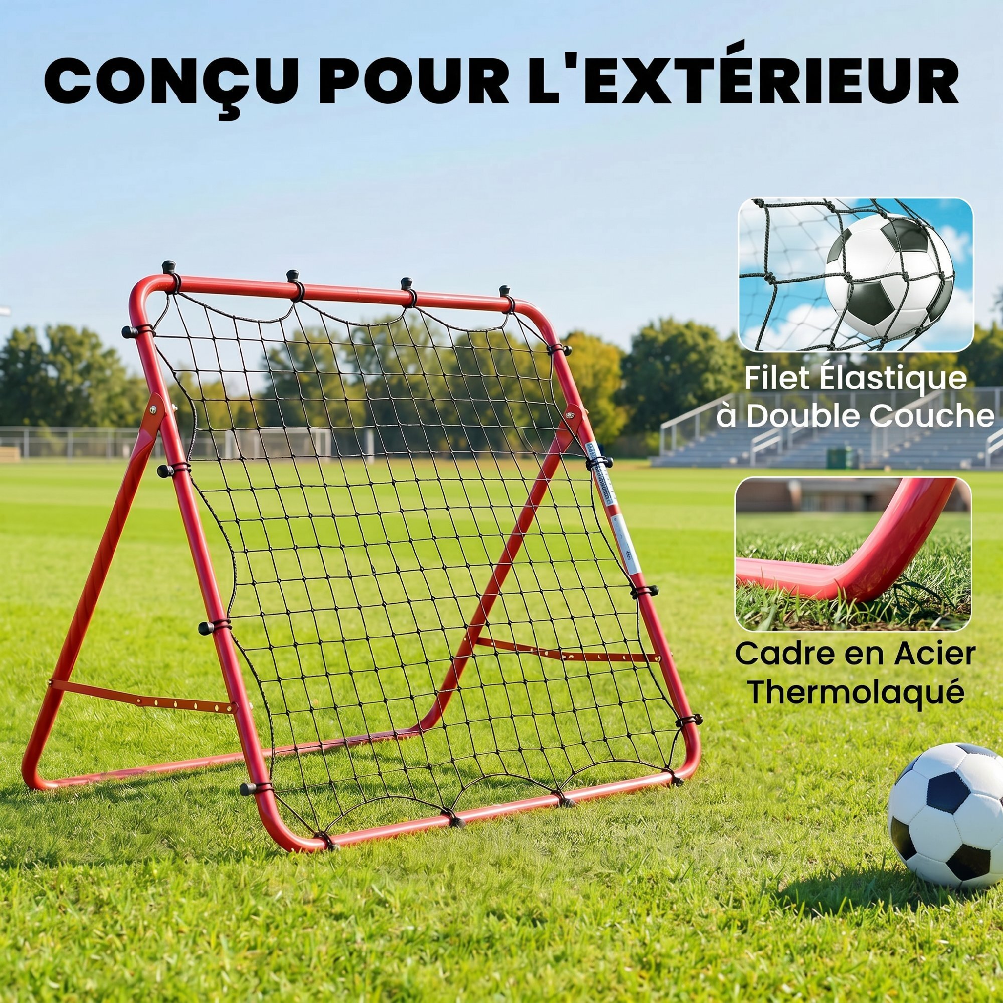 Filet de rebond football pliable réglable 5 angles - acier - 103x72x89cm - rouge