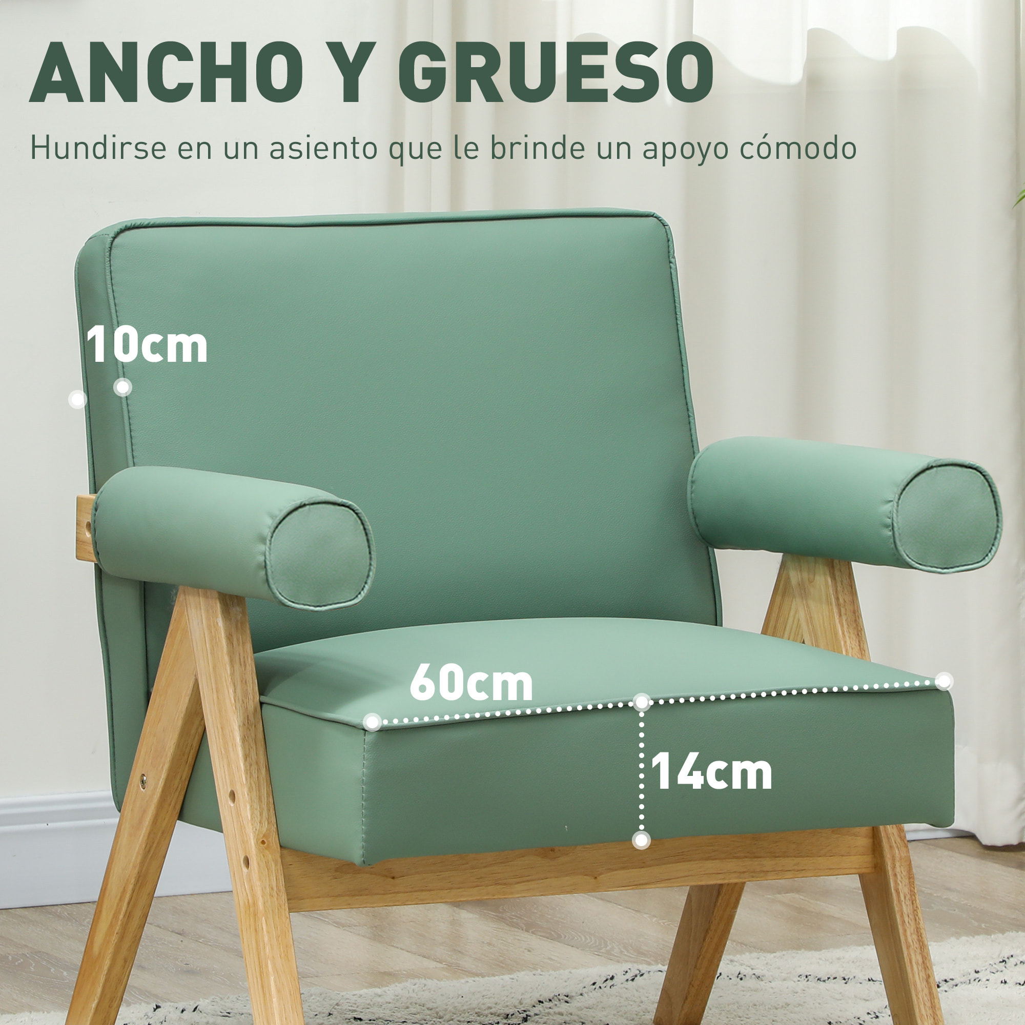 Butaca de Salón Butaca Nórdica Sillón de Salón Tapizado en PU con Reposabrazos y Marco de Madera de Caucho para Dormitorio Carga 120 kg Verde
