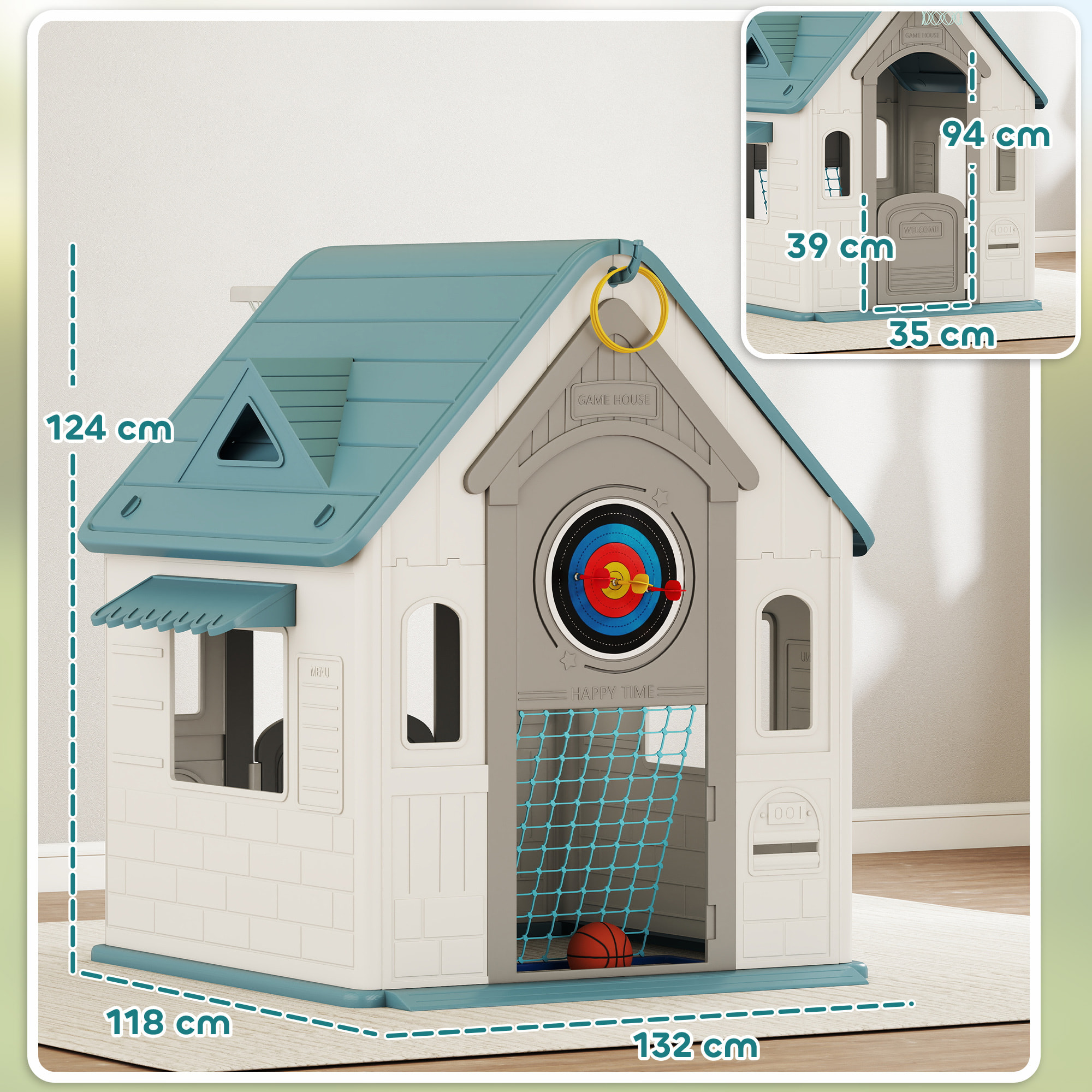 Casita Infantil Exterior e Interior 5 en 1, Casita Infantil de Jardín con Lanzamiento de Aros, Baloncesto, Fútbol, Dardos, Casa de Juegos para Niños de 2-5 Años, Beige
