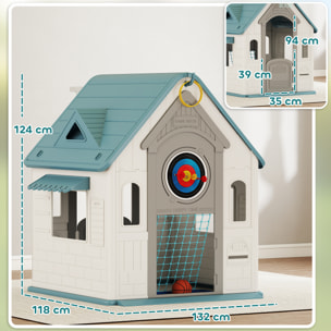 Casita Infantil Exterior e Interior 5 en 1, Casita Infantil de Jardín con Lanzamiento de Aros, Baloncesto, Fútbol, Dardos, Casa de Juegos para Niños de 2-5 Años, Beige