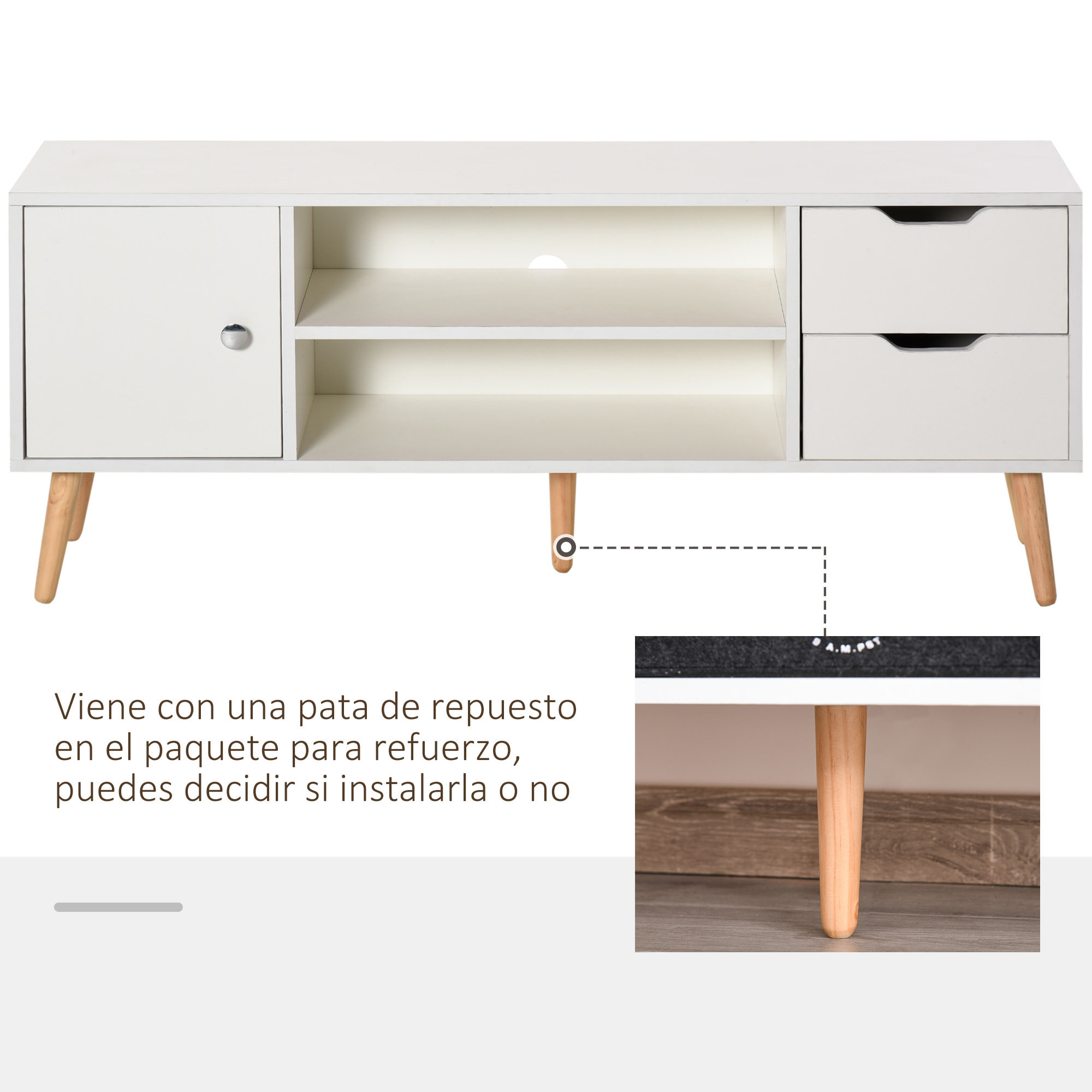 Mueble de TV 120x28x44cm con Armario Estantes Abiertos Cajones Carga 30kg Blanco