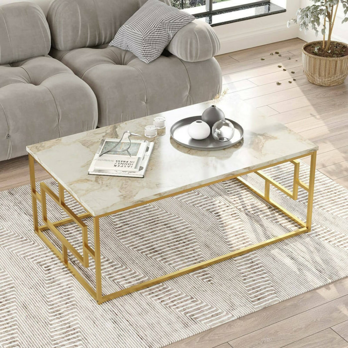 Tavolino da salotto Franca, Tavolo basso da caffè, Portariviste per divano, Ripiano da soggiorno, 100x60h40 cm, Bianco Marmo e Oro