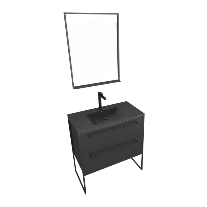 Meuble de salle de bain 80x50 cm - 2 tiroirs noir mat - vasque résine noire effet pierre + miroir