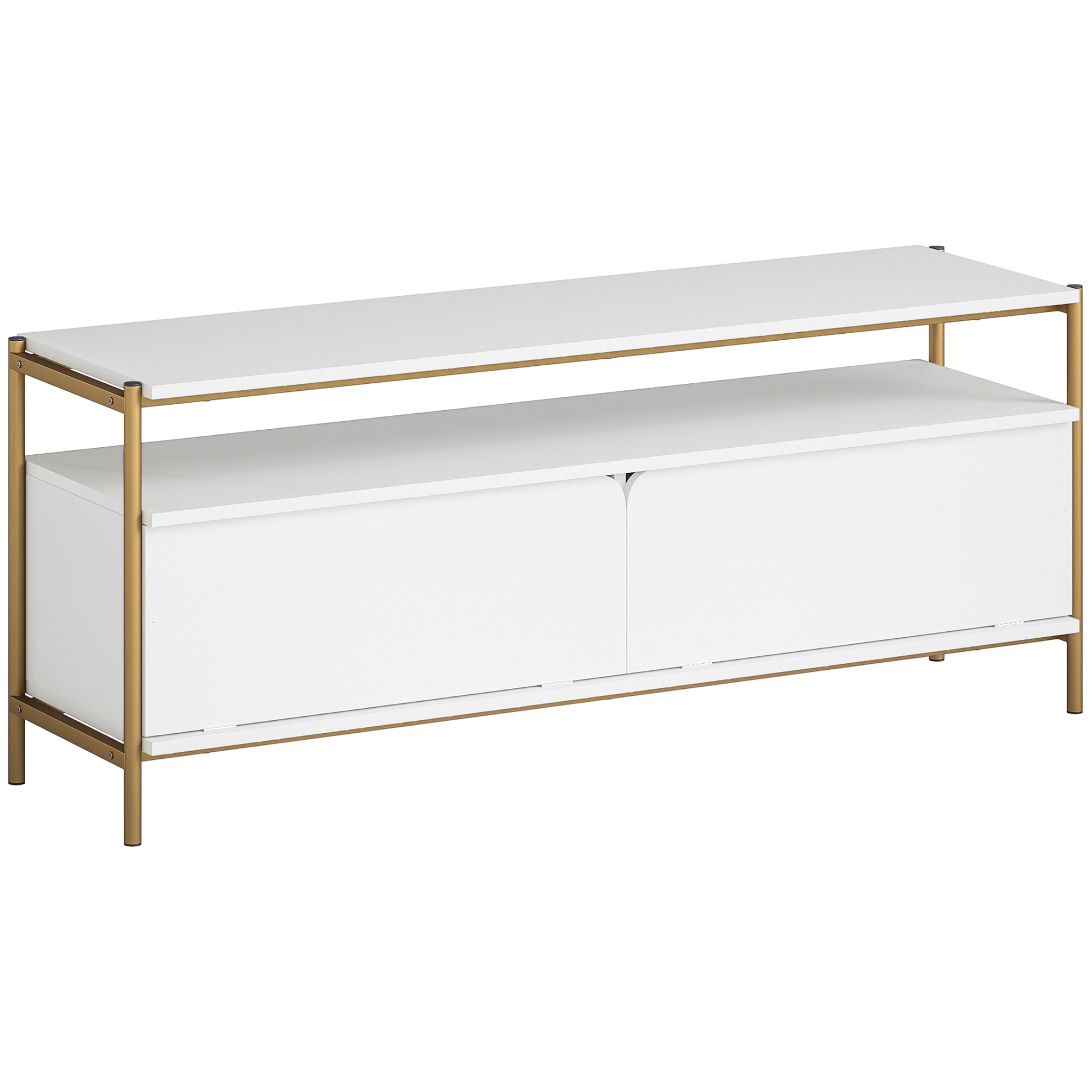 Meuble TV design Art déco 2 portes battantes étagère dim. 124 x 35 x 50 cm acier doré effet bois blanc