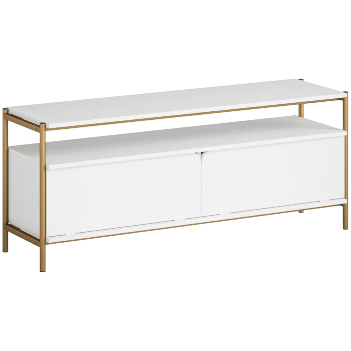 Meuble TV design Art déco 2 portes battantes étagère dim. 124 x 35 x 50 cm acier doré effet bois blanc