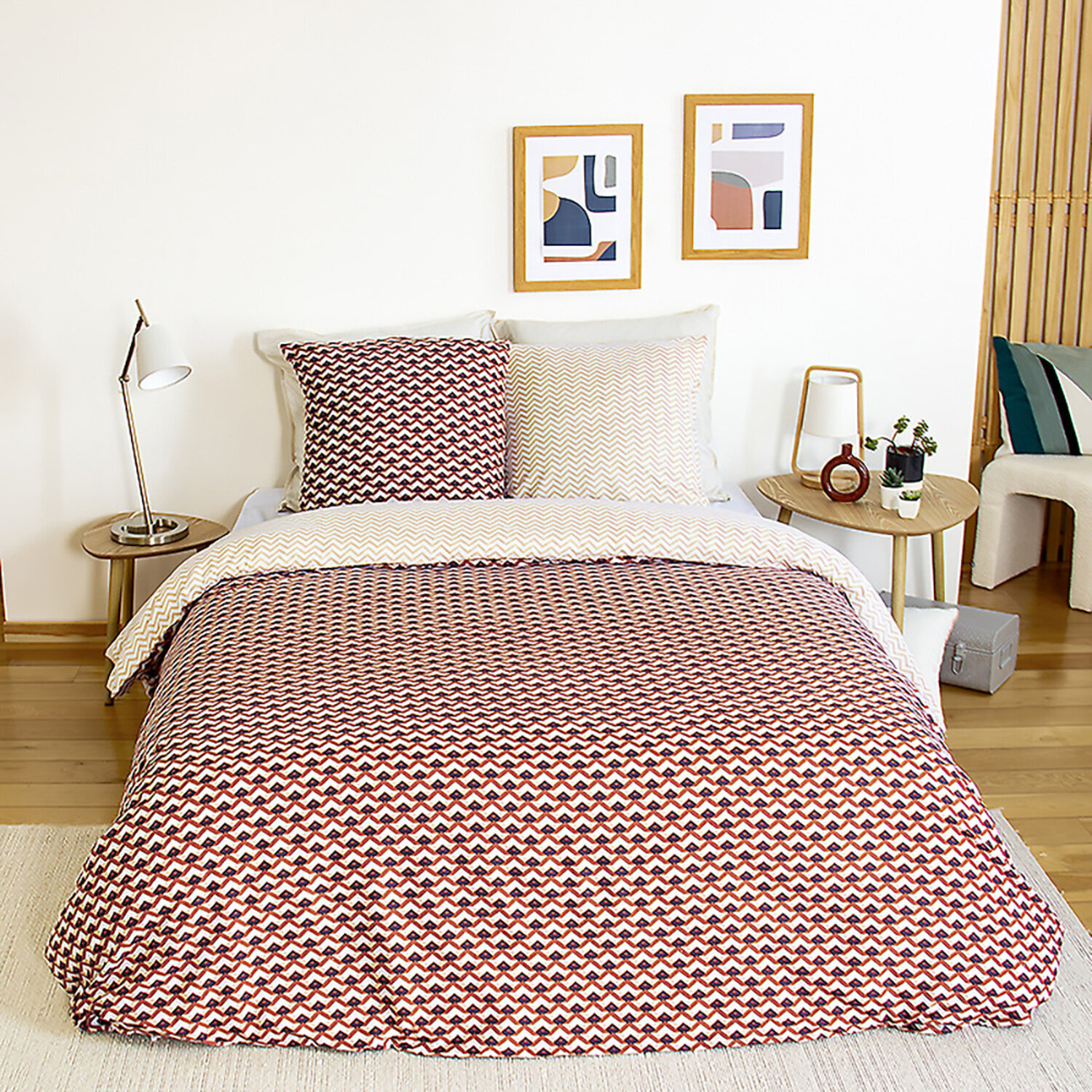 Parure housse de couette en microfibre motif géométrique -orange