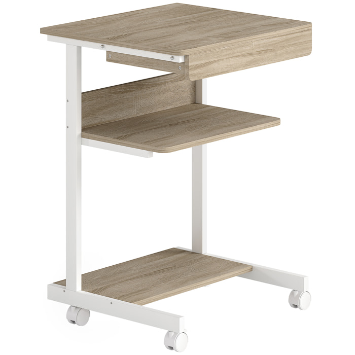 Bureau informatique roulant - bureau mobile - table d'ordinateur - tiroir coulissant 2 étagères - blanc naturel