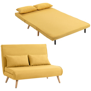 Sofá Cama de 2 Plazas Plegable 3 en 1, Sofá Cama, Tapizado en Lino, con Respaldo Ajustable 5 Posiciones, 2 Almohadas, para Dormitorio, Salón, Amarillo