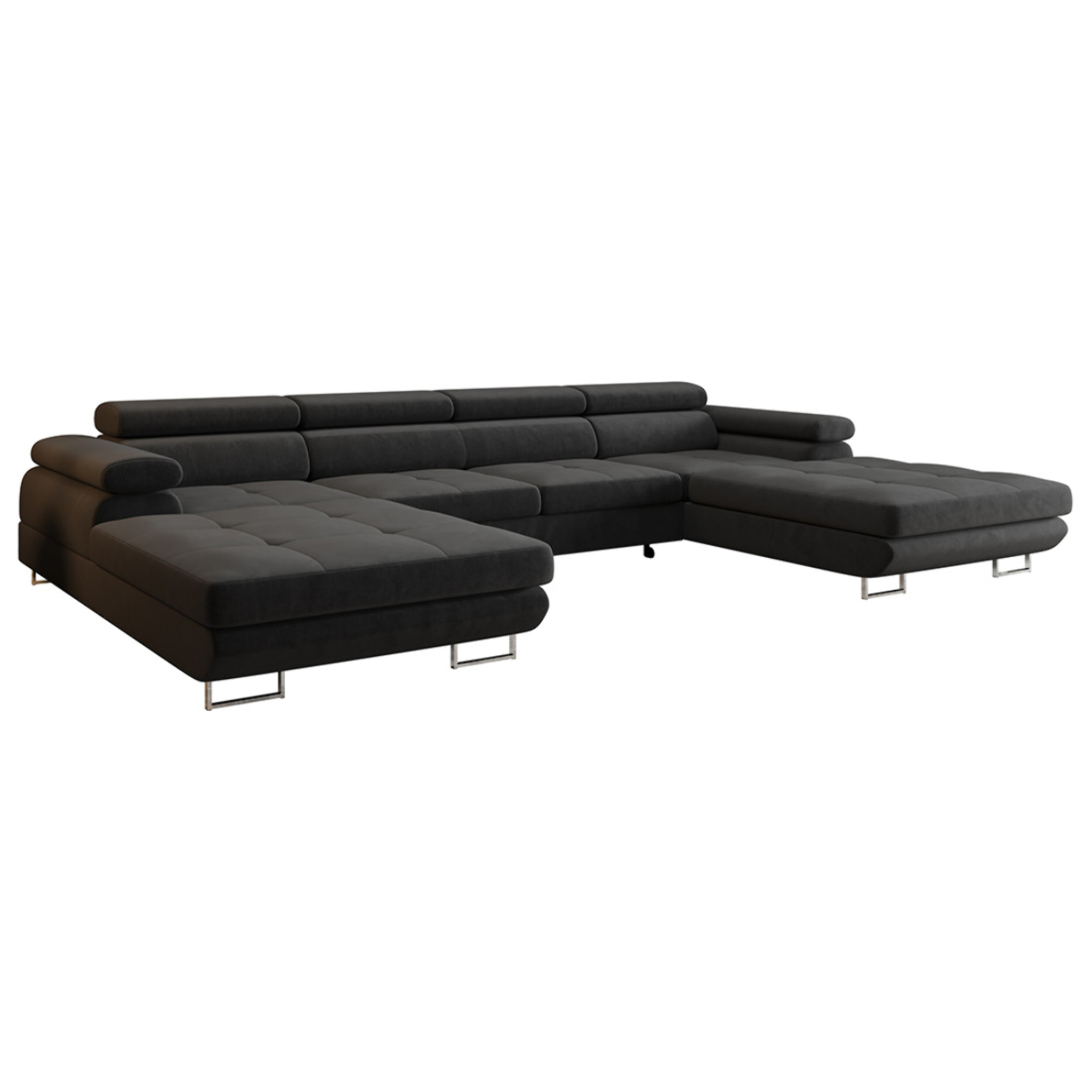 Ayden - Canapé panoramique en U 7 places convertible avec coffre et têtières réglables en tissu - Gris