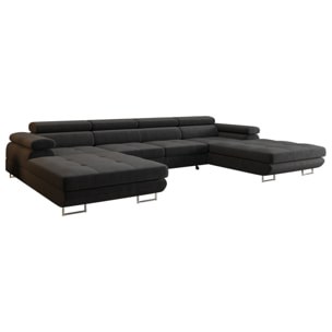 Ayden - Canapé panoramique en U 7 places convertible avec coffre et têtières réglables en tissu - Gris