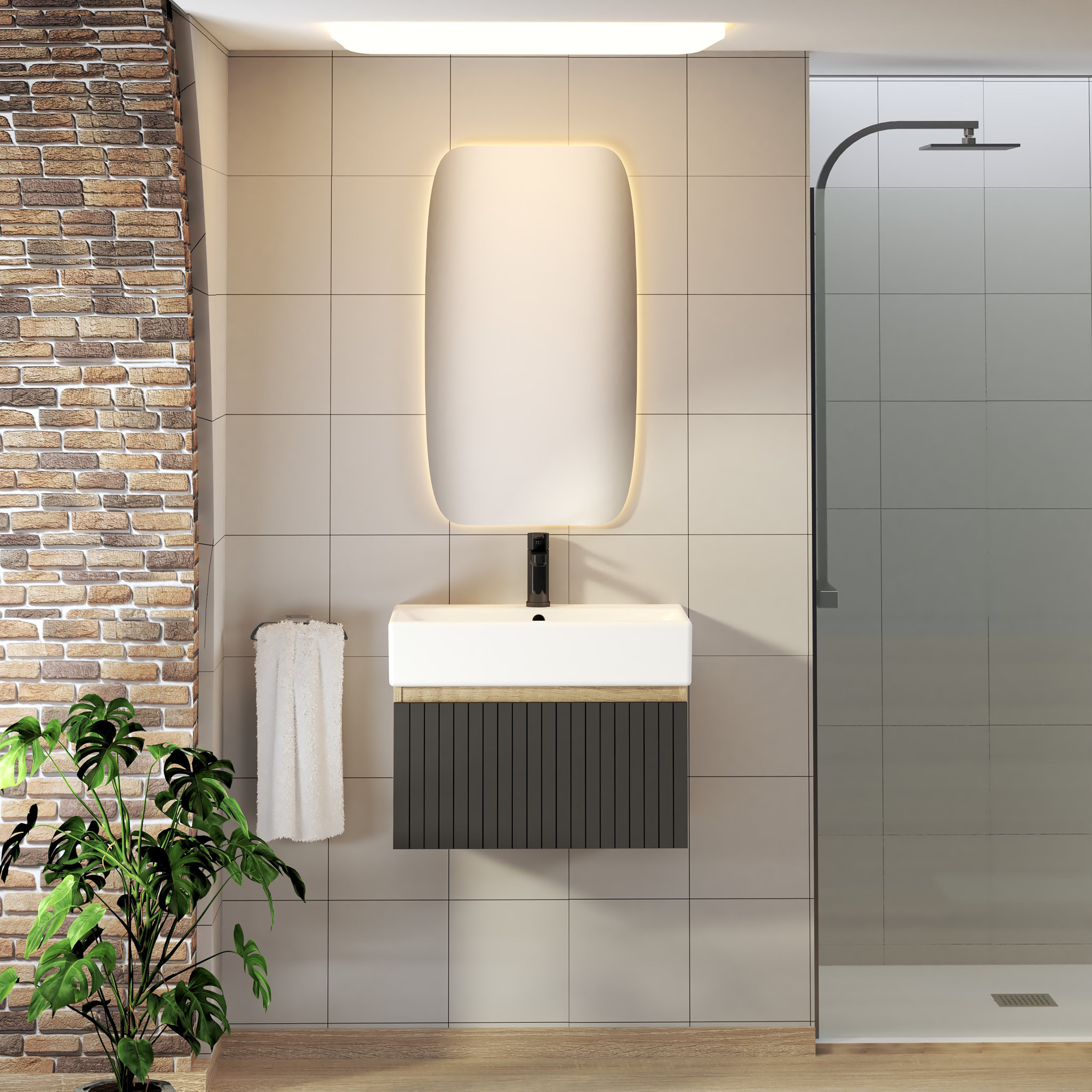 CONJUNTO DE BAÑO ZEL | MUEBLE SUSPENDIDO | 60 CM NEGRO | UN CAJÓN | LAVABO ENCASTRADO | NO INCLUYE ESPEJO | MUEBLE MONTADO| ALDAY