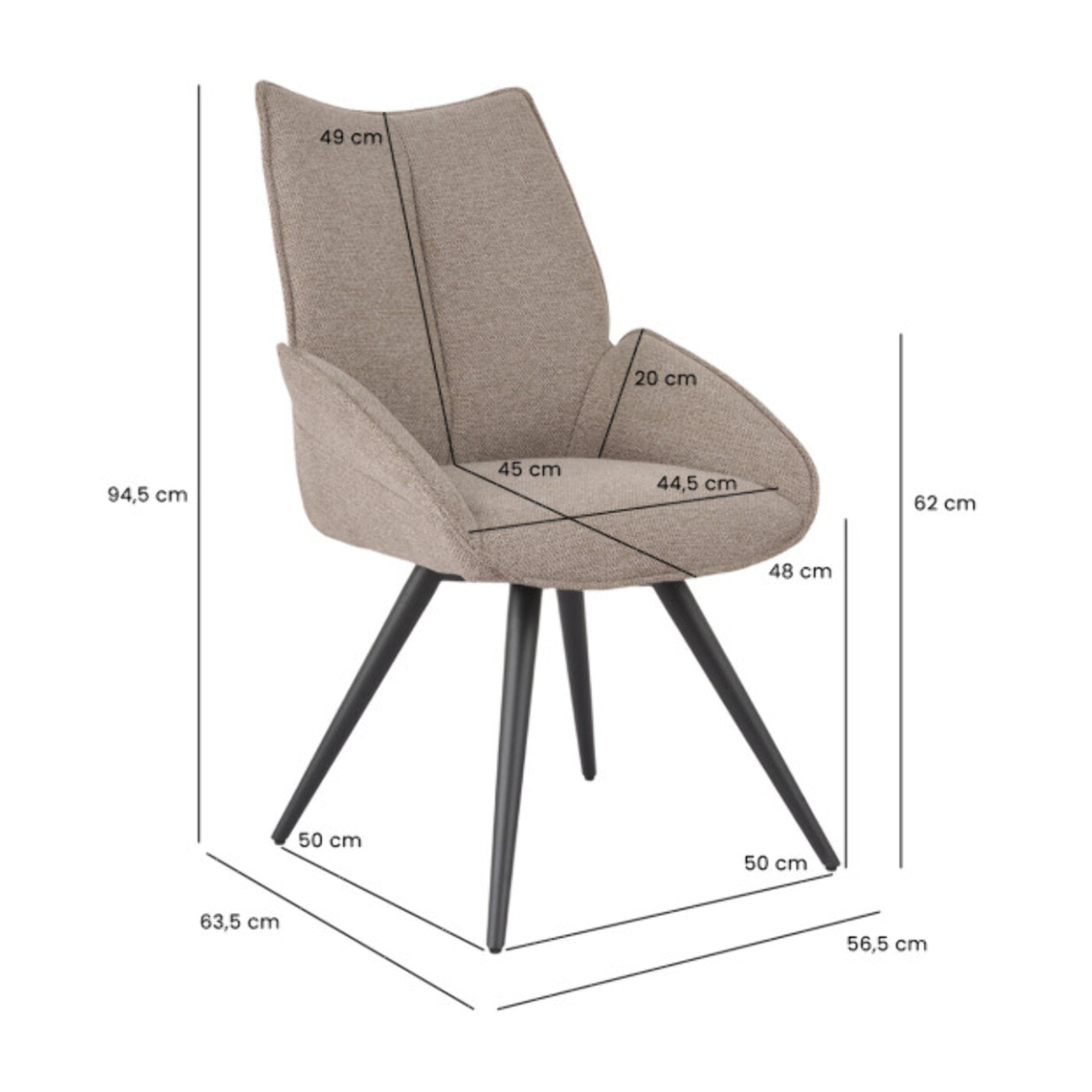 Chaise rotative 180° en tissu avec pieds évasés en métal noir - COLINE