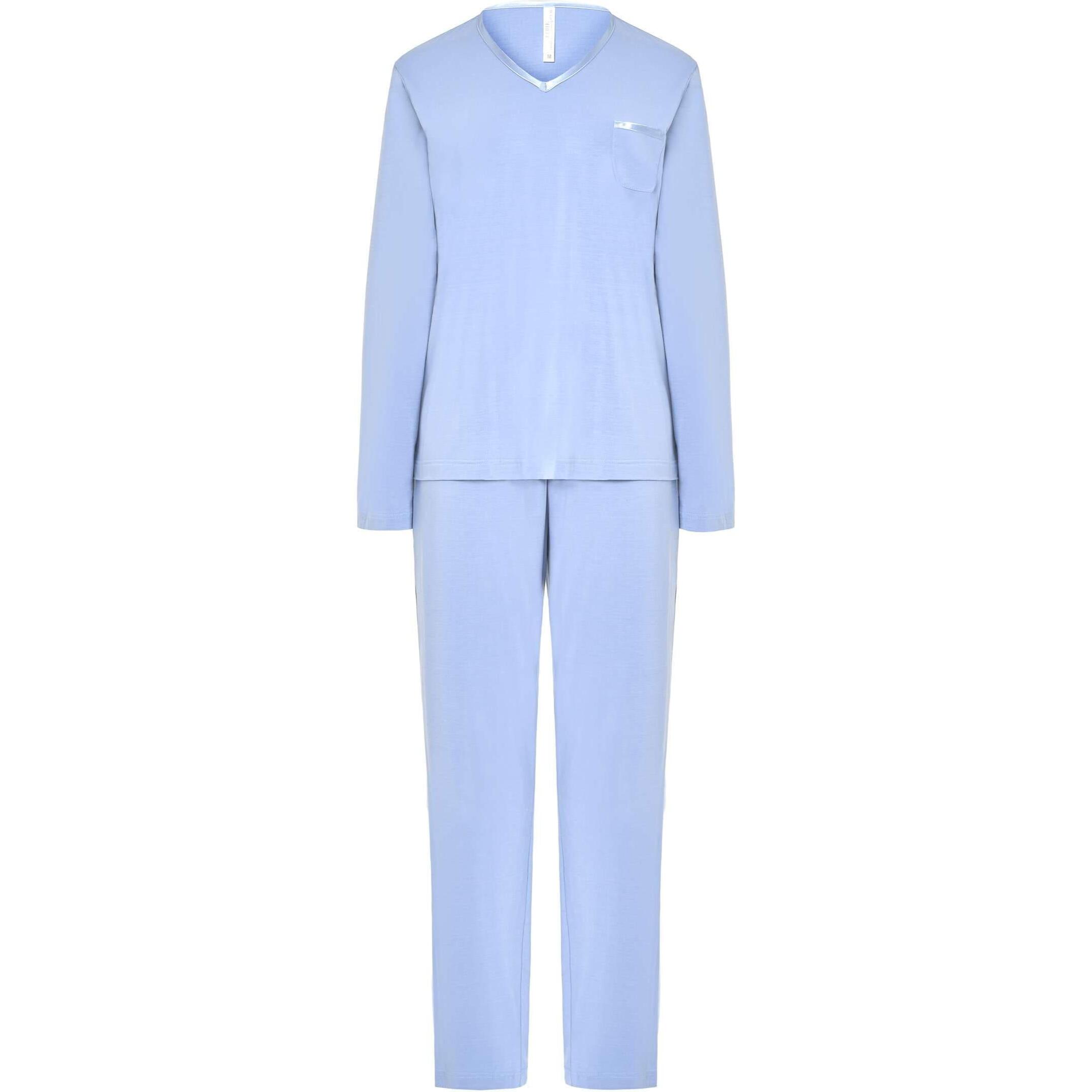 Pijama mujer tejido modal, escote en pico con raso, bolsillo, manga larga y pantalón largo