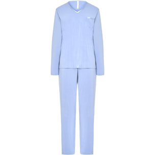 Pijama mujer tejido modal, escote en pico con raso, bolsillo, manga larga y pantalón largo