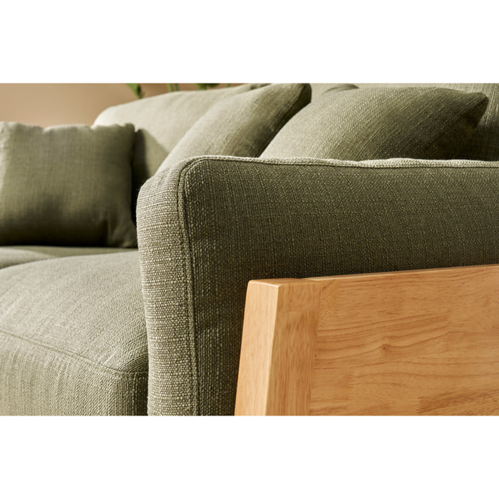 Canapé scandinave déhoussable 3 places en tissu vert kaki et bois clair KYO