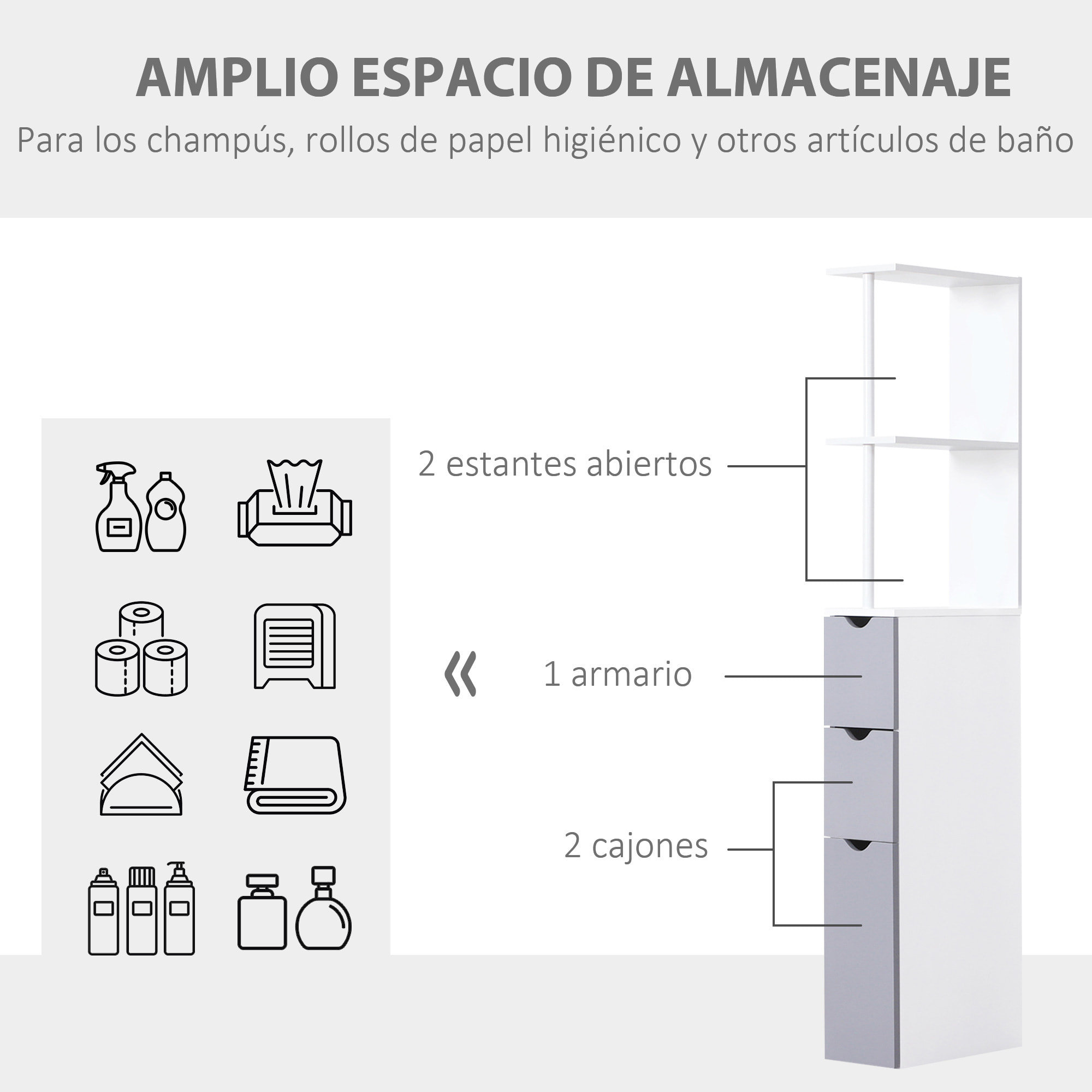 Armario Lateral Alto de Baños Multiusos Estantería Estrecho 15x33x136cm Blanco