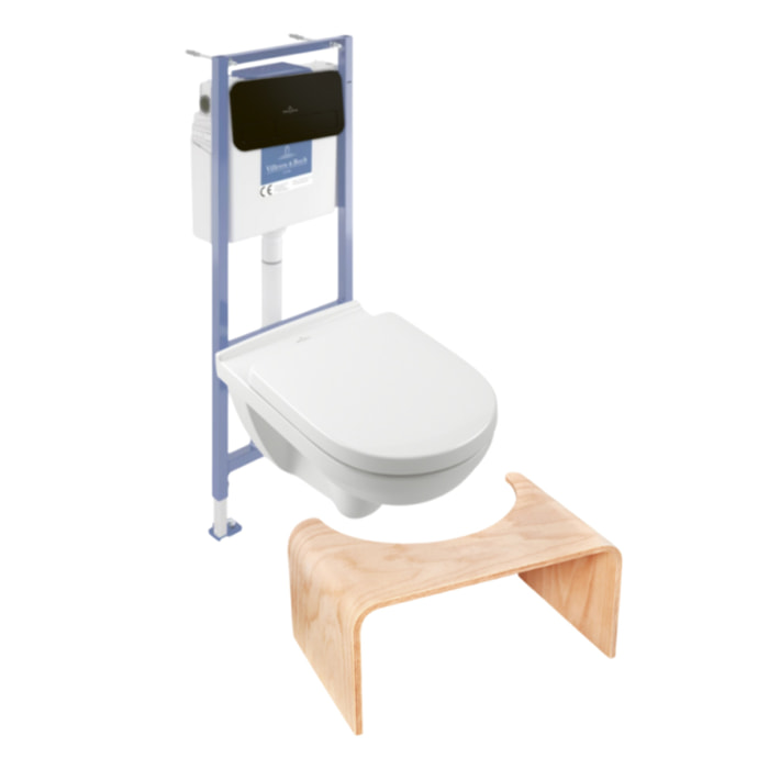 Pack WC sans bride O novo avec abattant frein de chute + bâti Viconnect PRO + plaque noir mat  + Tabouret bois