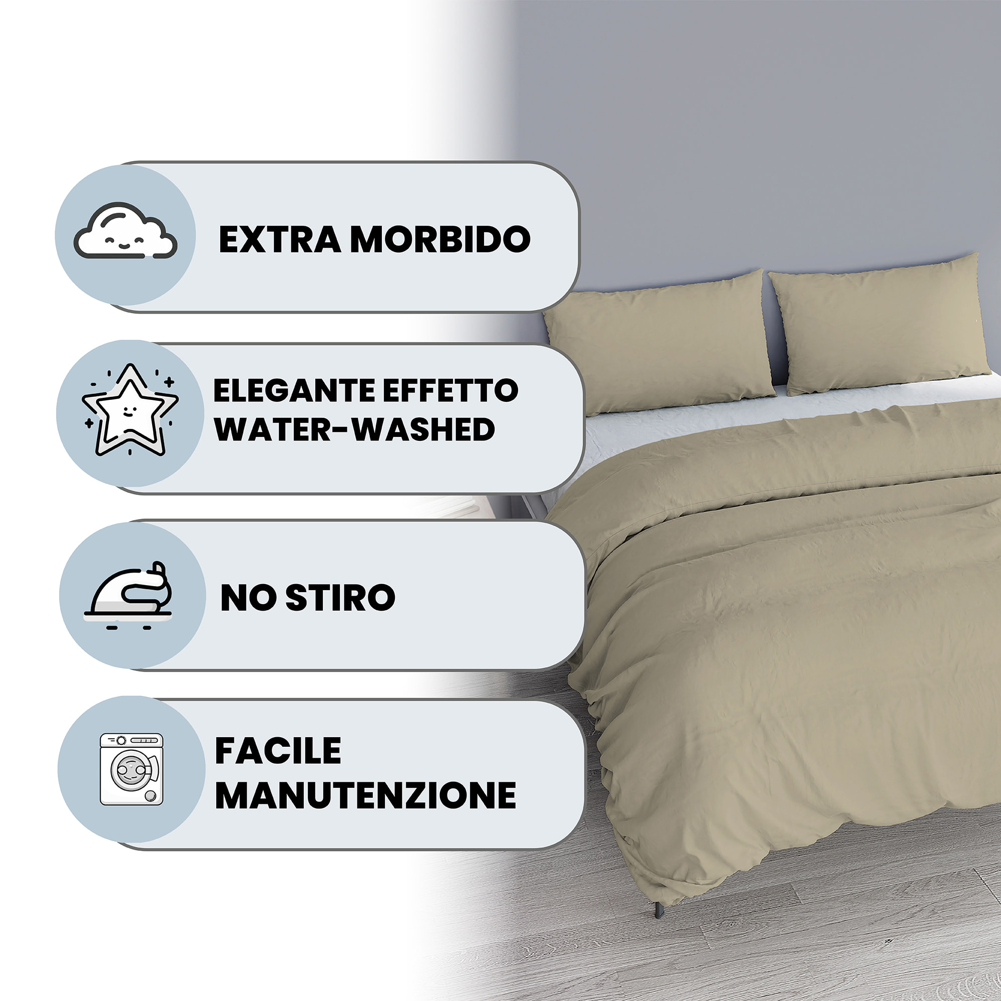 PARURE COPRIPIUMINO WATER WASHED, 100% Microfibra, No Stiro - SABBIA