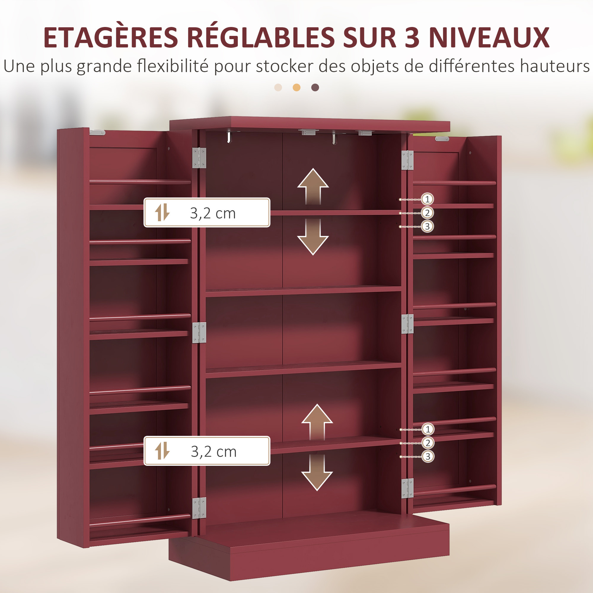 Armoire de cuisine 2 portes total 14 étagères - dim. 60L x 30l x 104H cm - MDF bordeaux