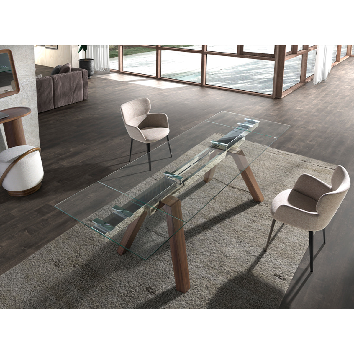 Mesa comedor extensible rectangular con tapa de cristal templado 160x90x76cm