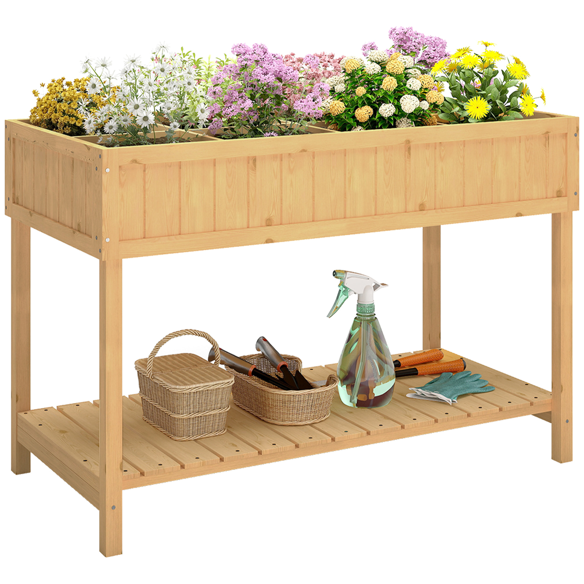 Huerto Urbano de Madera, Mesa de Cultivo con Estante Inferior, Jardinera Elevada para Cultivo, Plantas, Flores y Verduras, 110x46x76 cm, Natural