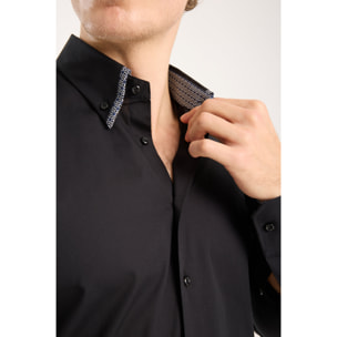 Camicia Uomo 2 Bottoni Button Down Doppio Coll Popeline Stretch Unito Nero