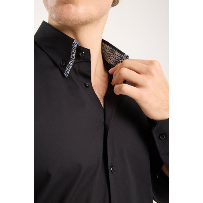 Camicia Uomo 2 Bottoni Button Down Doppio Coll Popeline Stretch Unito Nero
