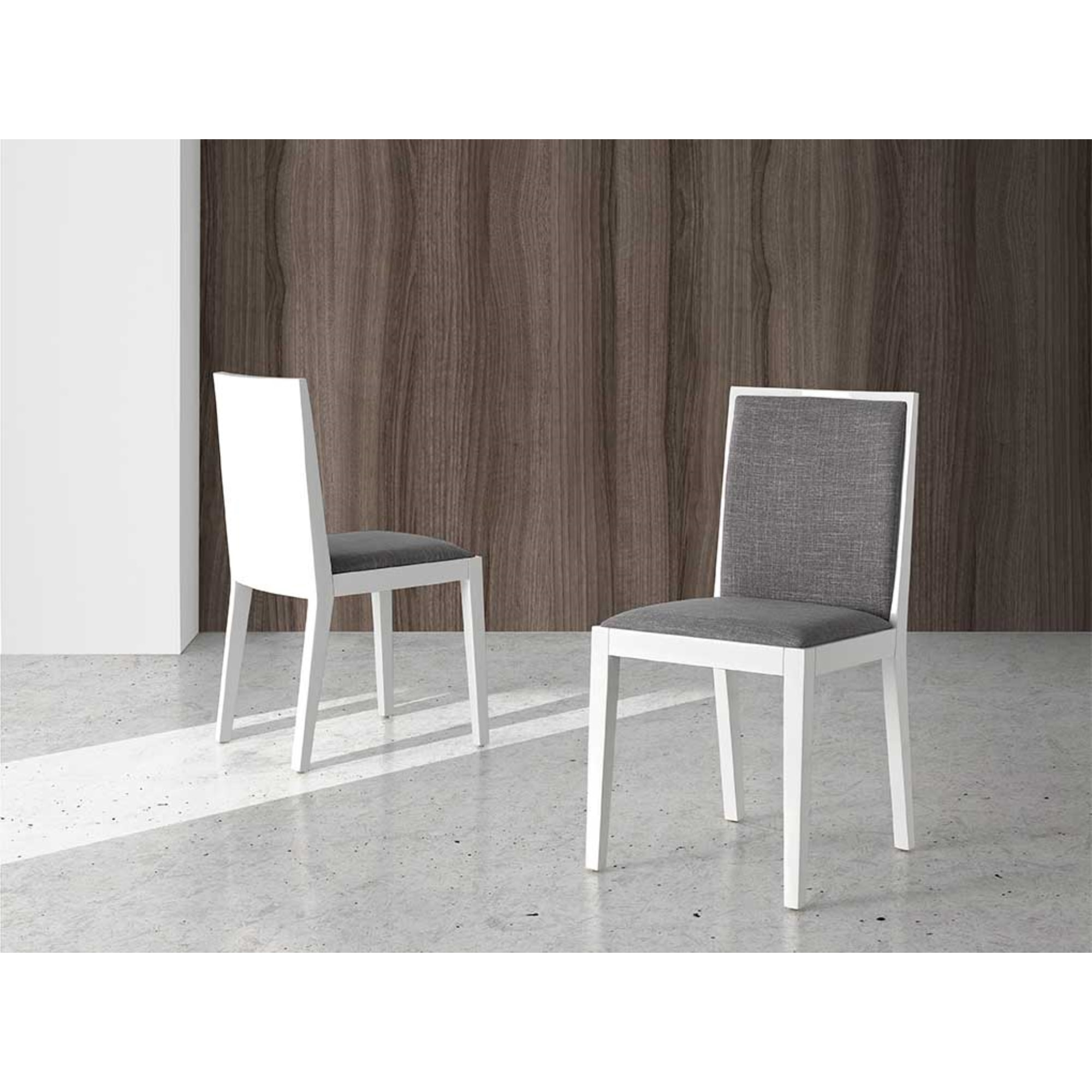 Set de 2 sillas – Tapizado gris y madera blanco brillo