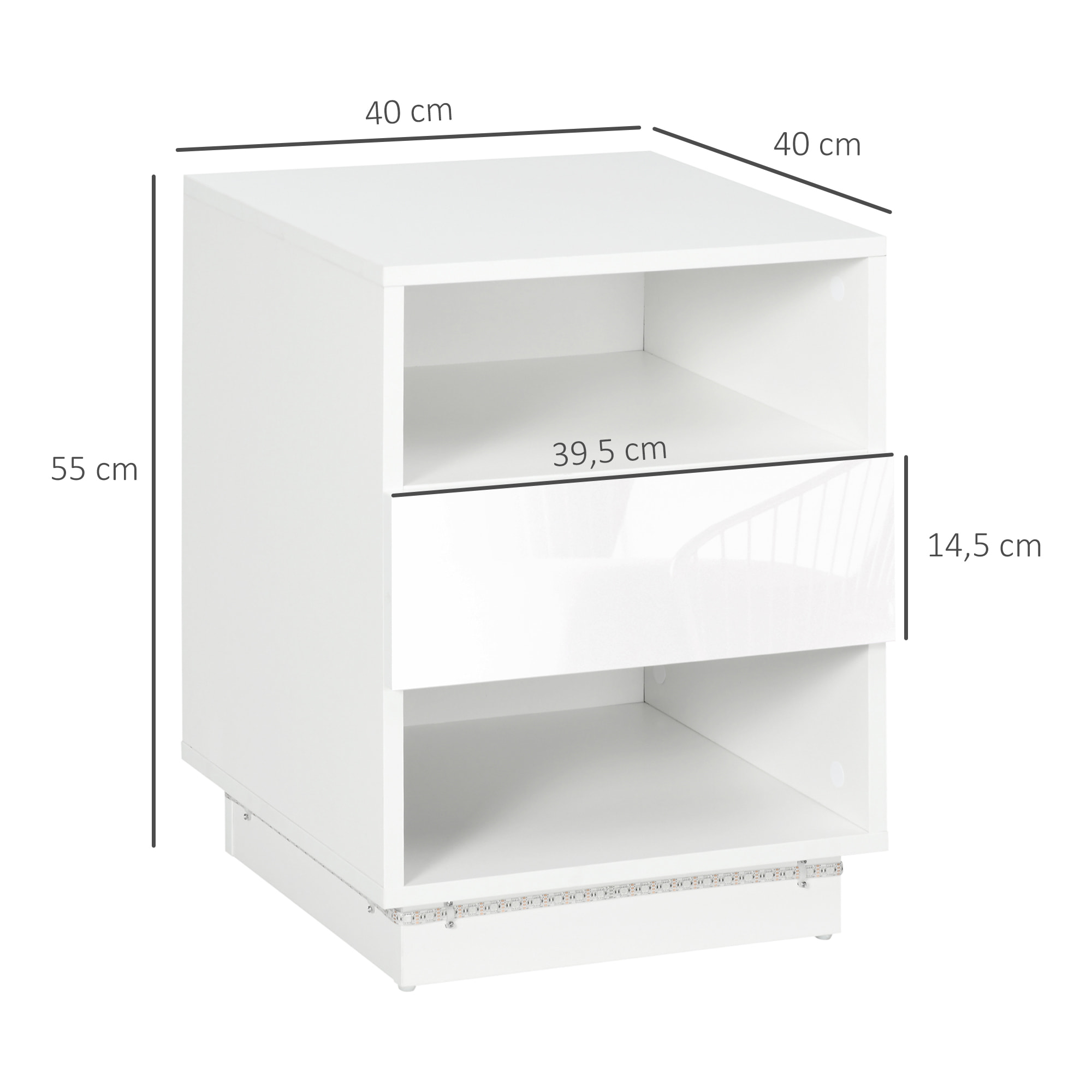 Mesita de Noche Moderna con Luz LED Mesilla de Noche con Mando a Distancia Cajón de Alto Brillo y 2 Estantes para Salón Dormitorio 40x40x55 cm Blanco