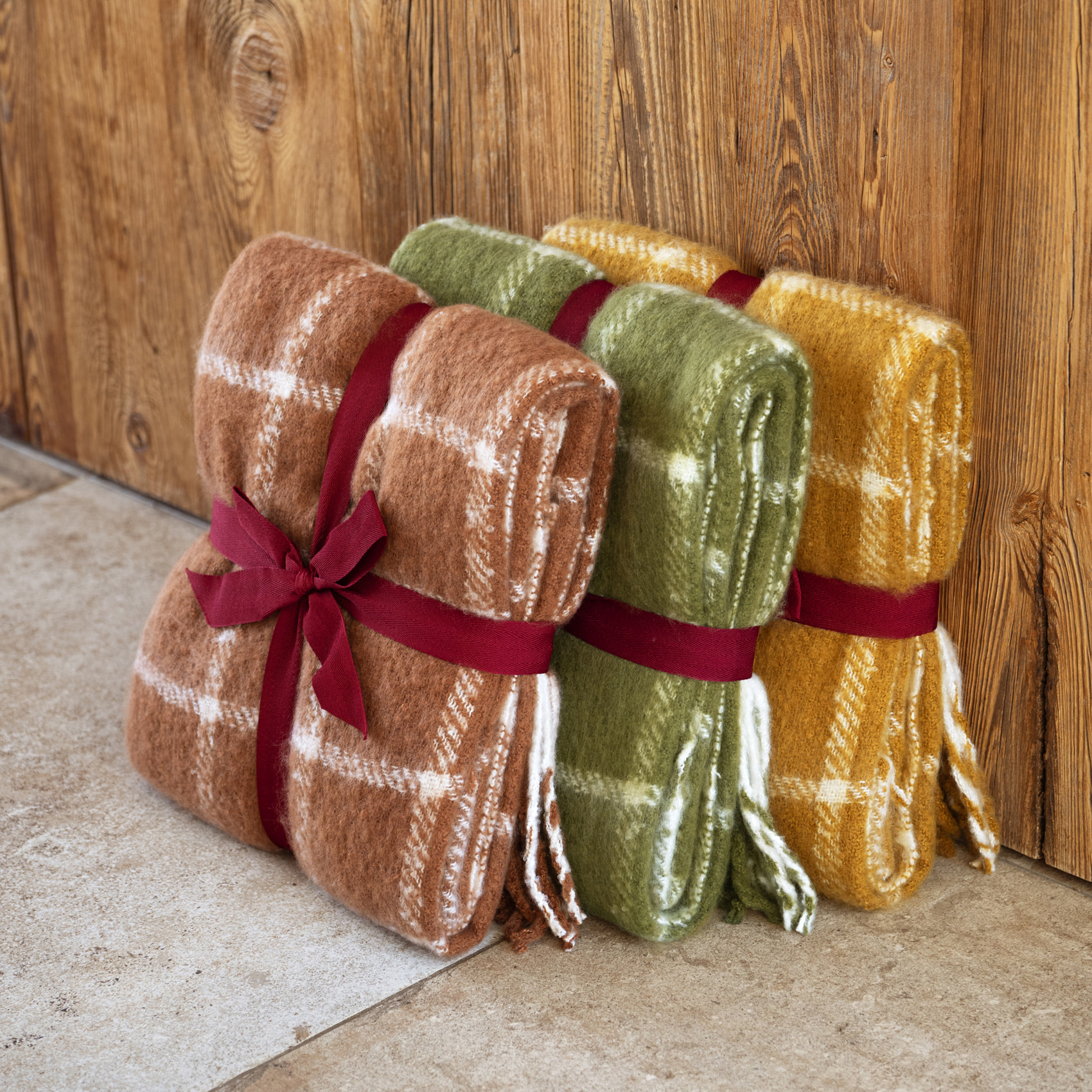 Plaid à carreaux aspect mohair avec franges - Jaune Ocre